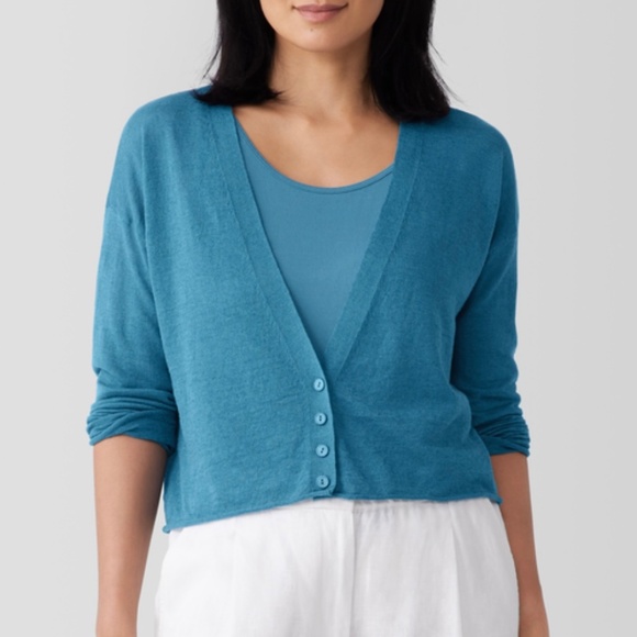 Eileen Fisher Linen Cotton Cropped Cardigan in Cascade size 1X. NWT - Picture 3 of 11